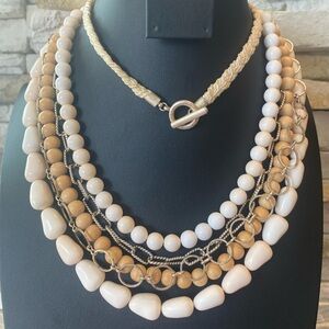 Necklace 5 Strand Layered Beaded Silver Toggle Ivory Tan Chic Boho 34”